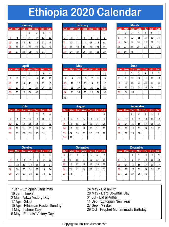 Ethiopia Printable Calendar 2020